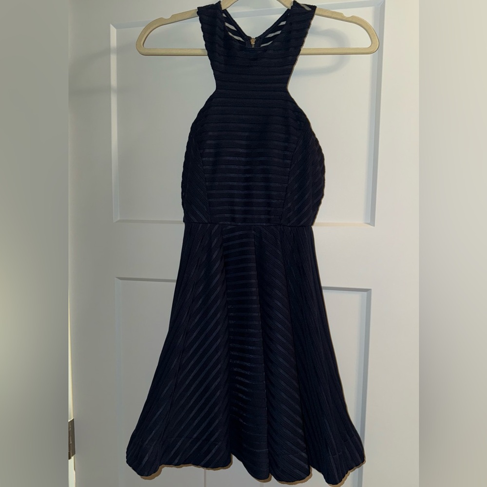 Blue Pleated Halter Cocktail Dress